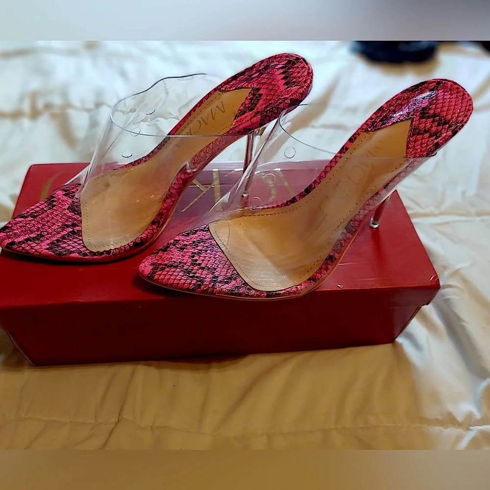 MACKIN J Women Clear Heels Point Toe Transparent Mule Open Toe Slip On Stiletto